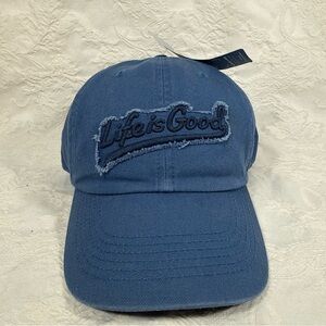 NWT LIFE is GOOD Strap Back Blue Embroidered Patch Hat Cap 100% Cotton Denim